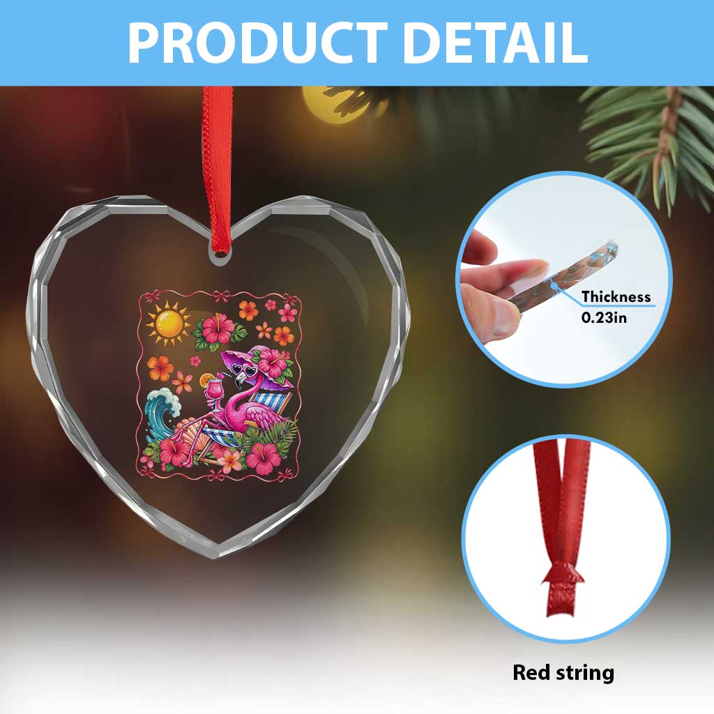 Funny Flamingo Tropical Floral Summer Vacation Graphic Heart Crystal Glass Ornament