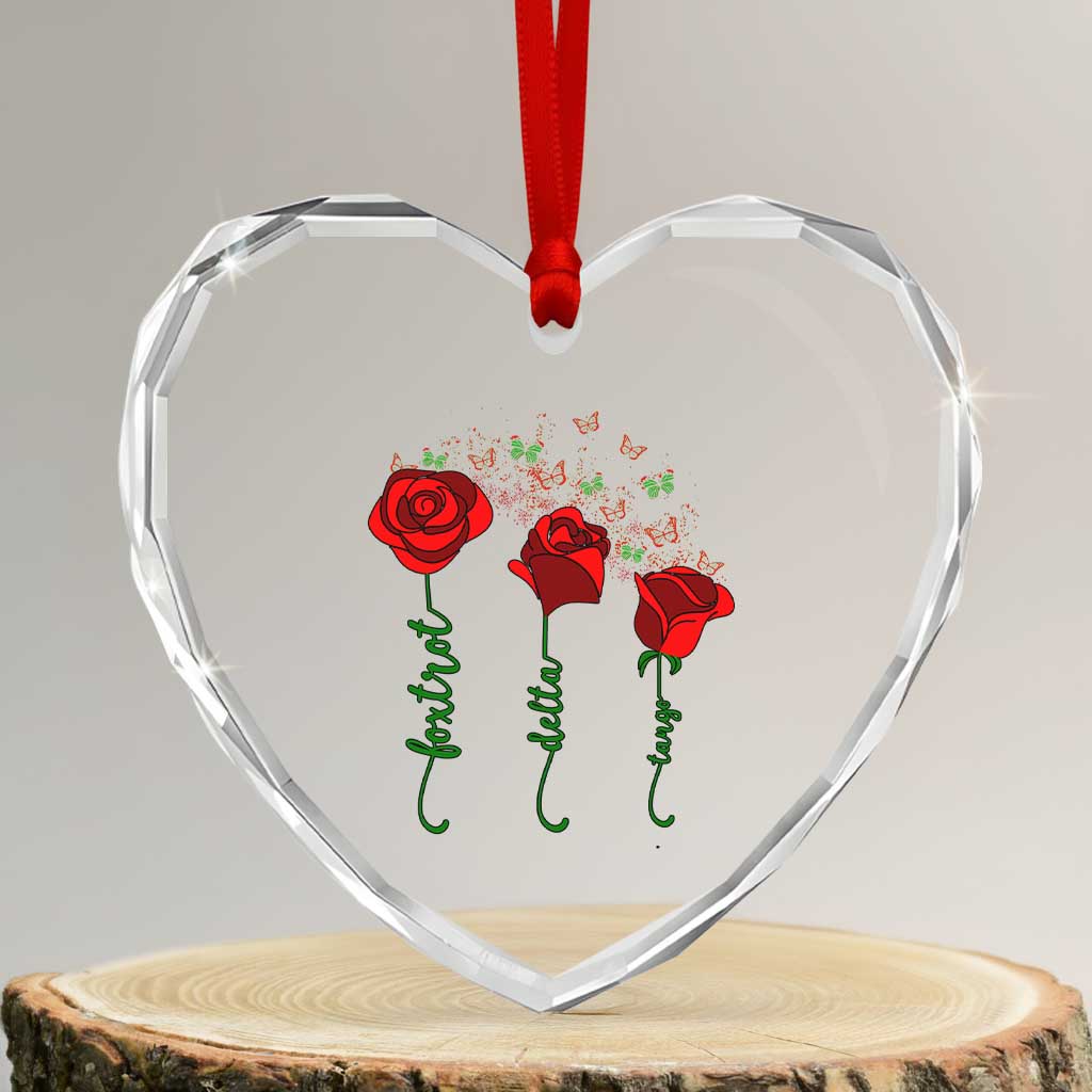 Funny Foxtrot Delta Tango Heart Crystal Glass Ornament Vintage Rose Flowers Butterfly - Wonder Print Shop