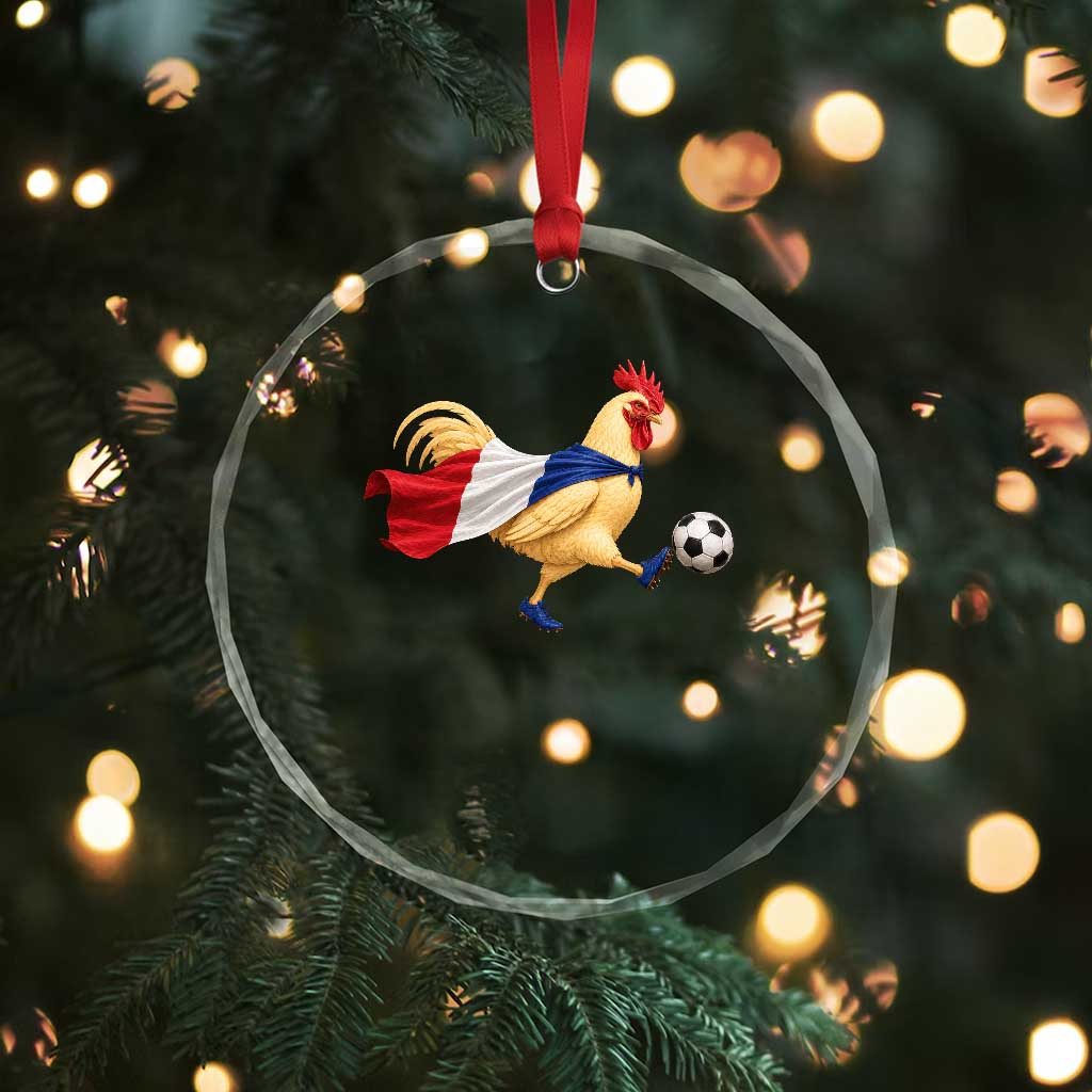 Funny France Soccer Crystal Glass Ornament Rooster Wearing French Flag Patriotic Football Fan Graphic