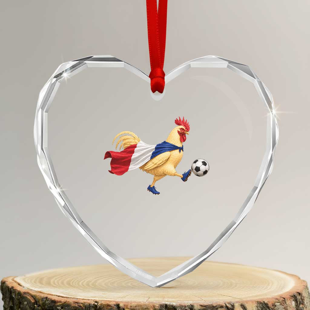 Funny France Soccer Heart Crystal Glass Ornament Rooster Wearing French Flag Patriotic Football Fan Graphic
