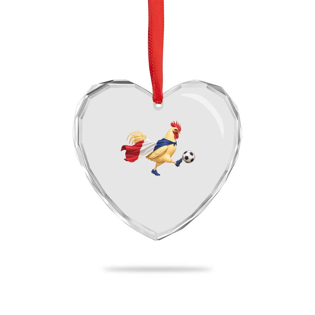 Funny France Soccer Heart Crystal Glass Ornament Rooster Wearing French Flag Patriotic Football Fan Graphic