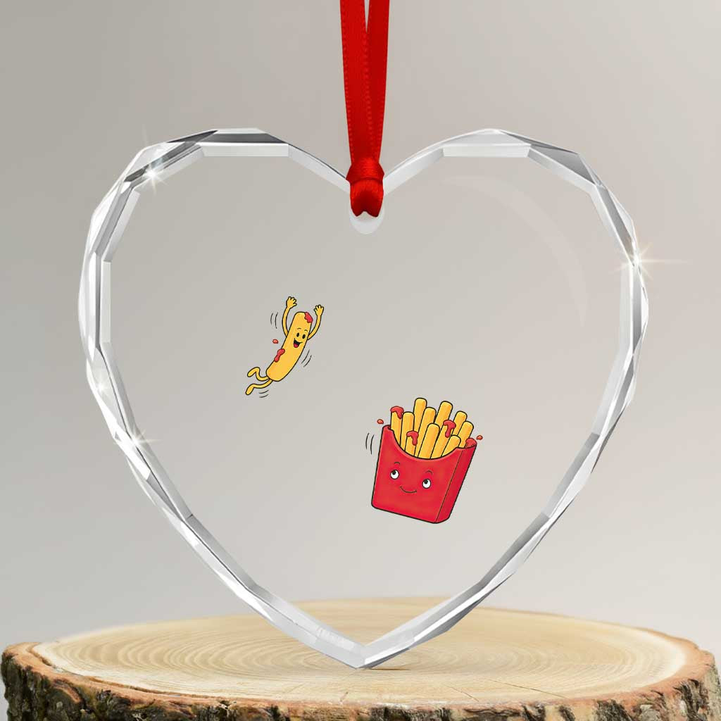 Funny French Fry Jumping Into Fries Box Heart Crystal Glass Ornament Fast Food Lover