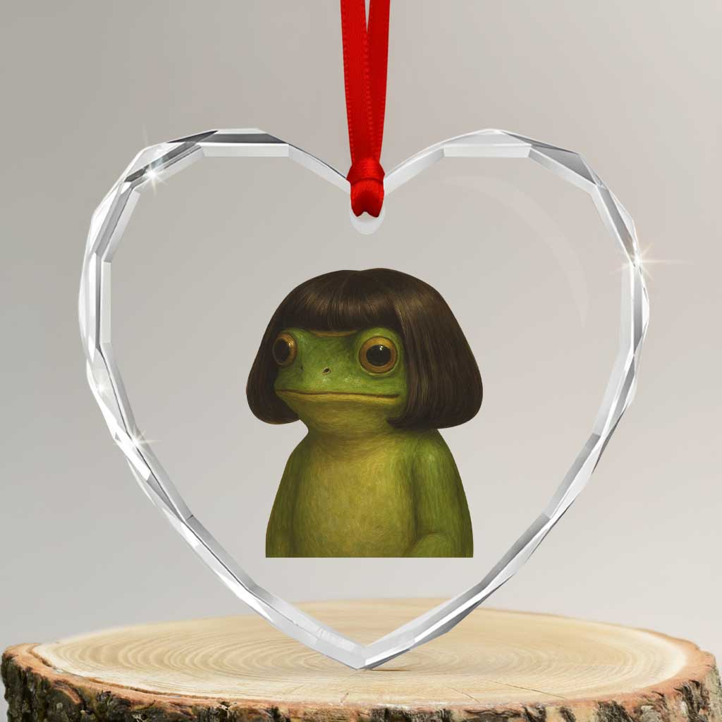 Funny Frog Bob Haircut Meme Heart Crystal Glass Ornament Silly Toad Trends - Wonder Print Shop