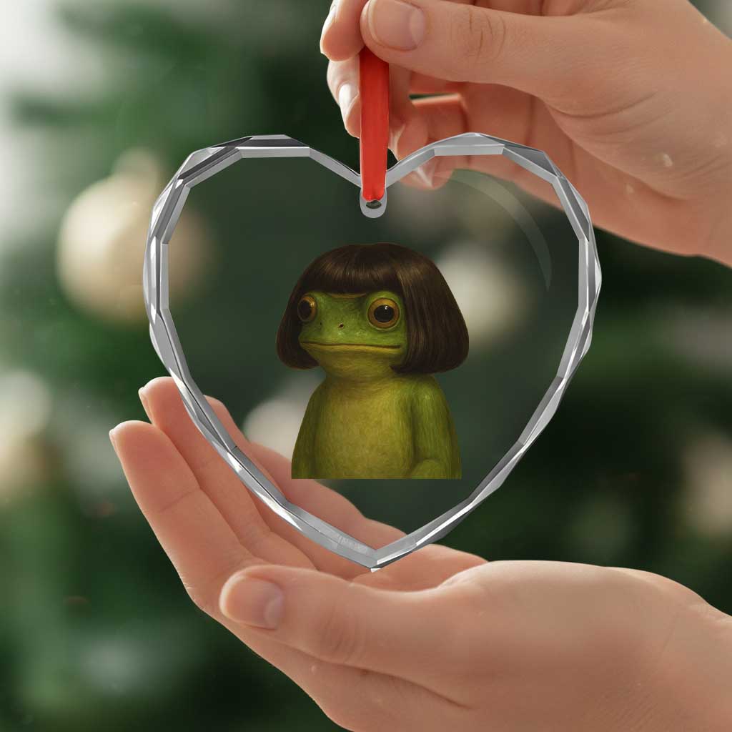Funny Frog Bob Haircut Meme Heart Crystal Glass Ornament Silly Toad Trends - Wonder Print Shop