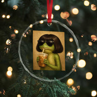Funny Frog Bob Haircut Renaissance Painting Meme Crystal Glass Ornament