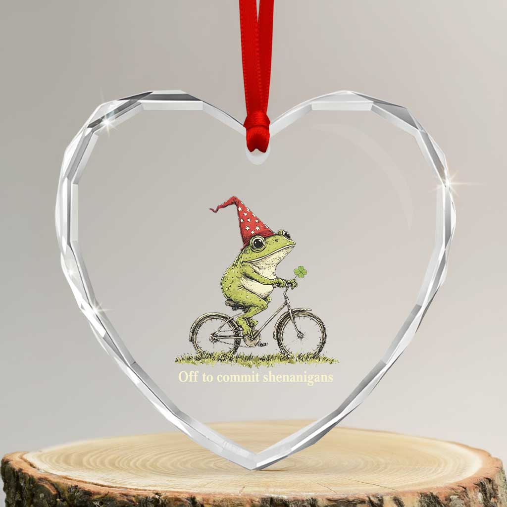 Funny Frog St Patricks Day Heart Crystal Glass Ornament Off To Commit Shenanigans Four Leaf Clover