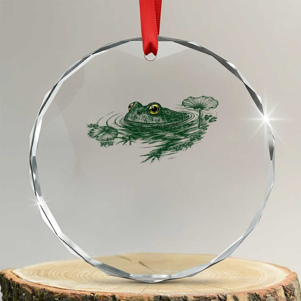 Funny Frog Swimming in Pond Cottagecore Style Crystal Glass Ornament