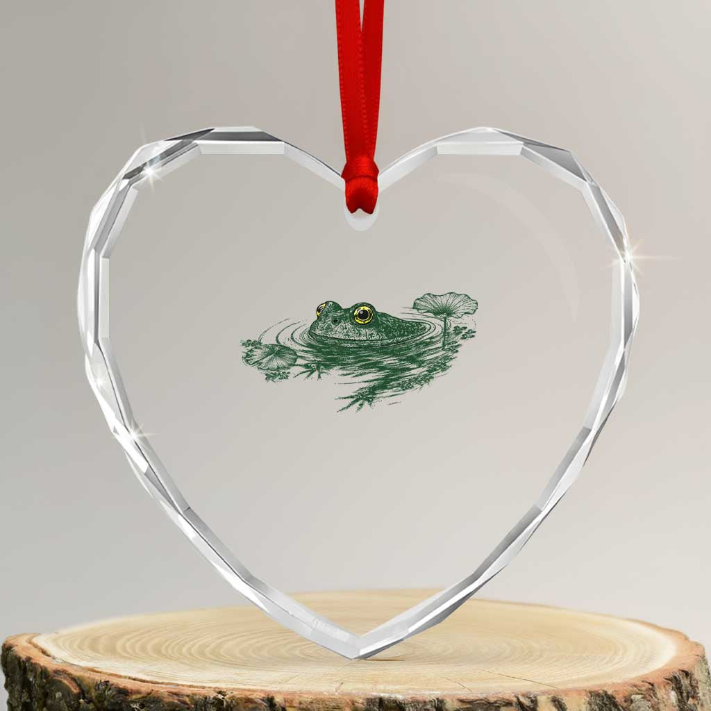 Funny Frog Swimming in Pond Cottagecore Style Heart Crystal Glass Ornament