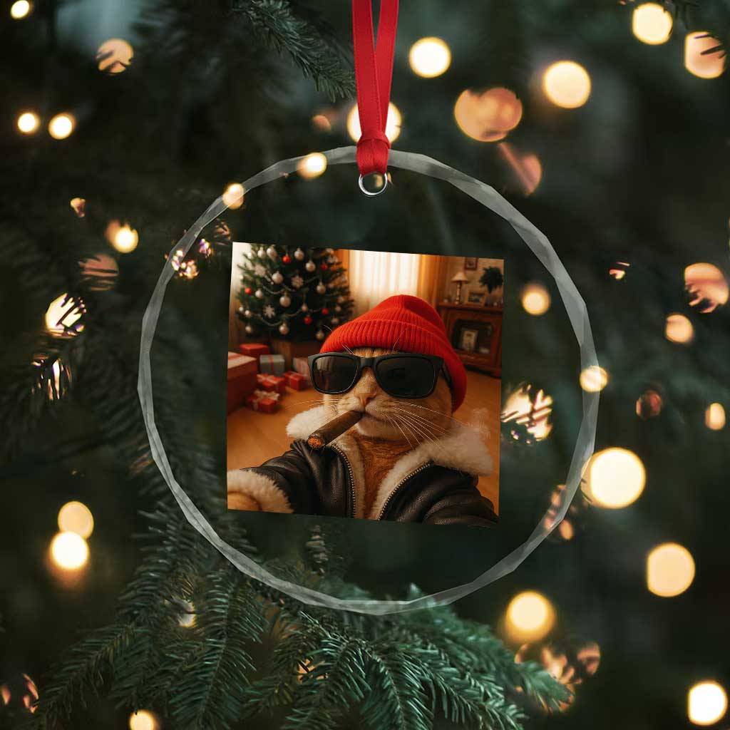 Funny Gangster Cats Christmas Crystal Glass Ornament Smoking Kitten Meme - Wonder Print Shop
