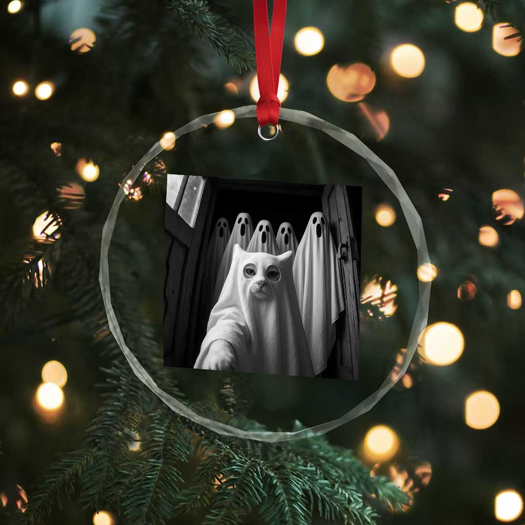 Funny Ghost Cat Halloween Meme Crystal Glass Ornament - Wonder Print Shop