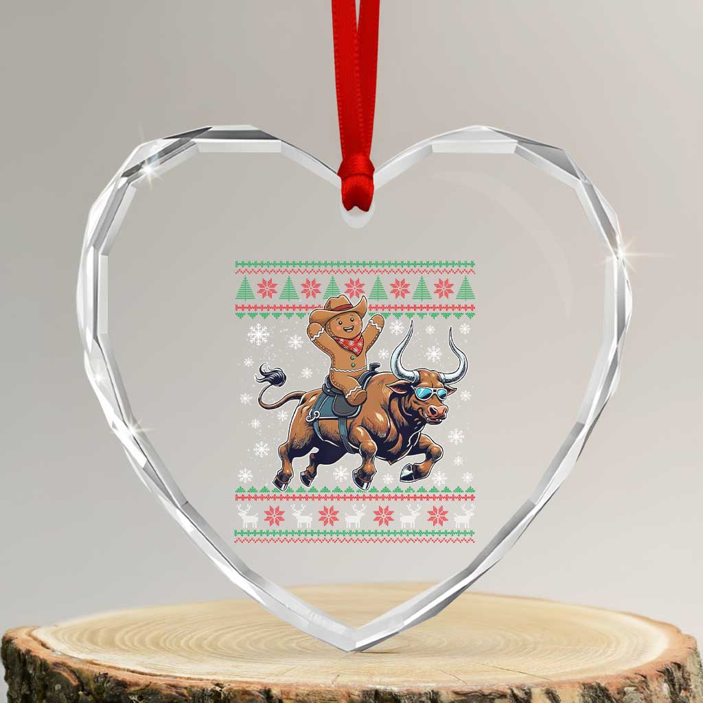 Funny Gingerbread Man Riding Bull Heart Crystal Glass Ornament Cowboy Western Rodeo Christmas Gift - Wonder Print Shop