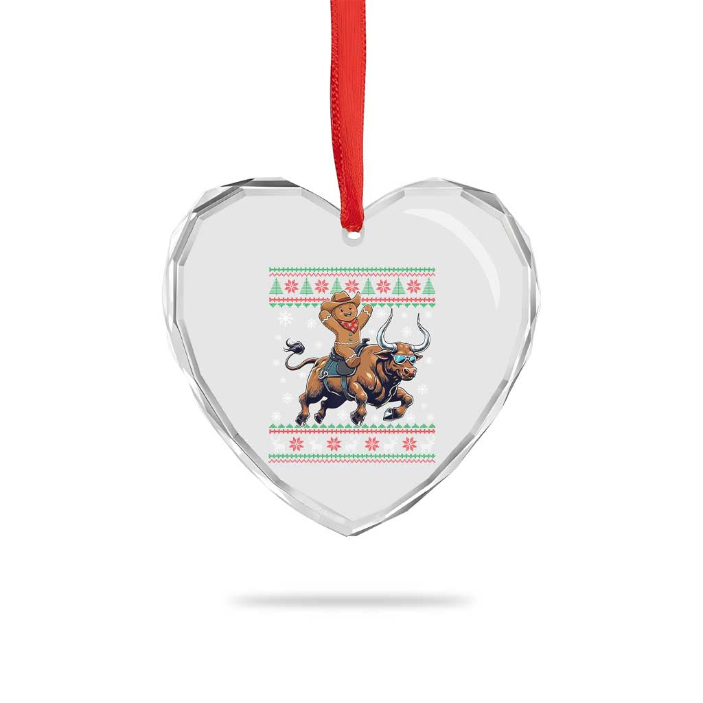 Funny Gingerbread Man Riding Bull Heart Crystal Glass Ornament Cowboy Western Rodeo Christmas Gift - Wonder Print Shop