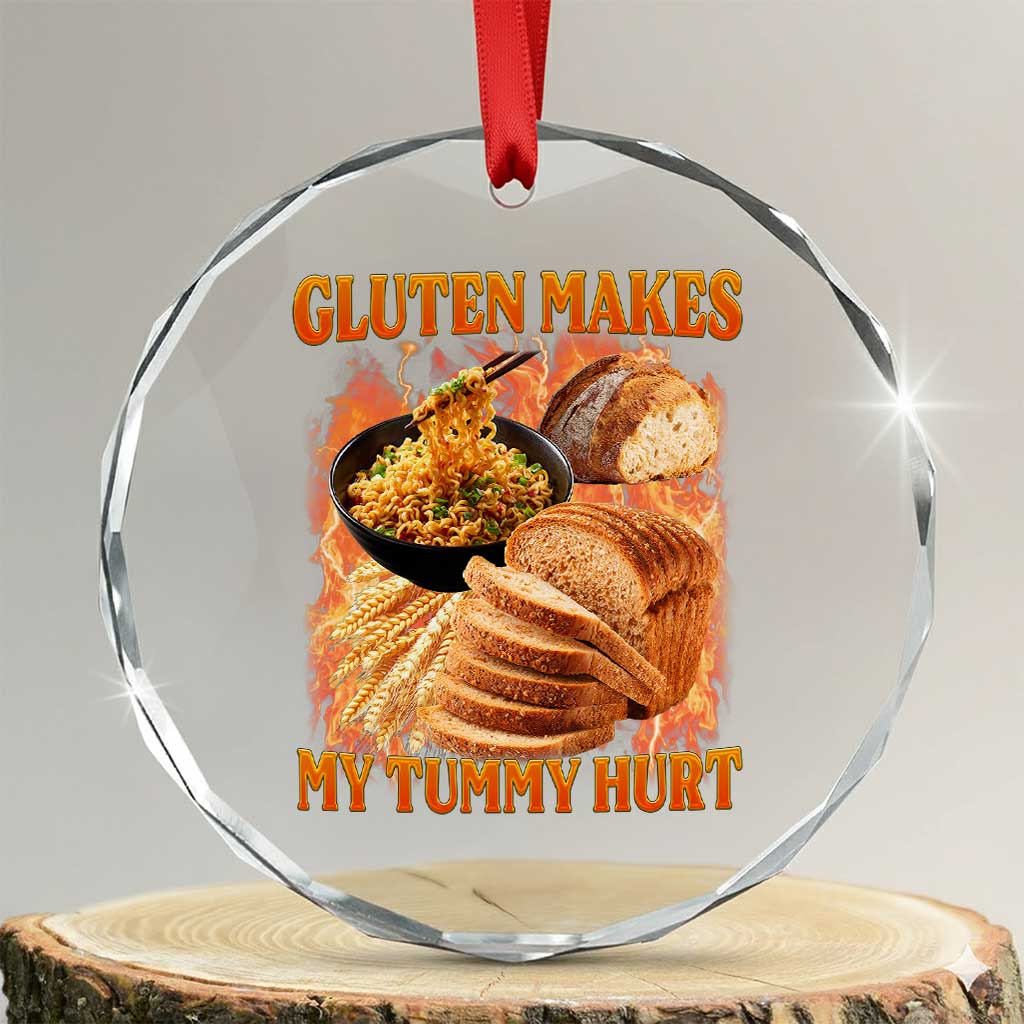 Funny Gluten Free Crystal Glass Ornament Gluten Makes My Tummy Hurt Vintage Bootleg Graphic