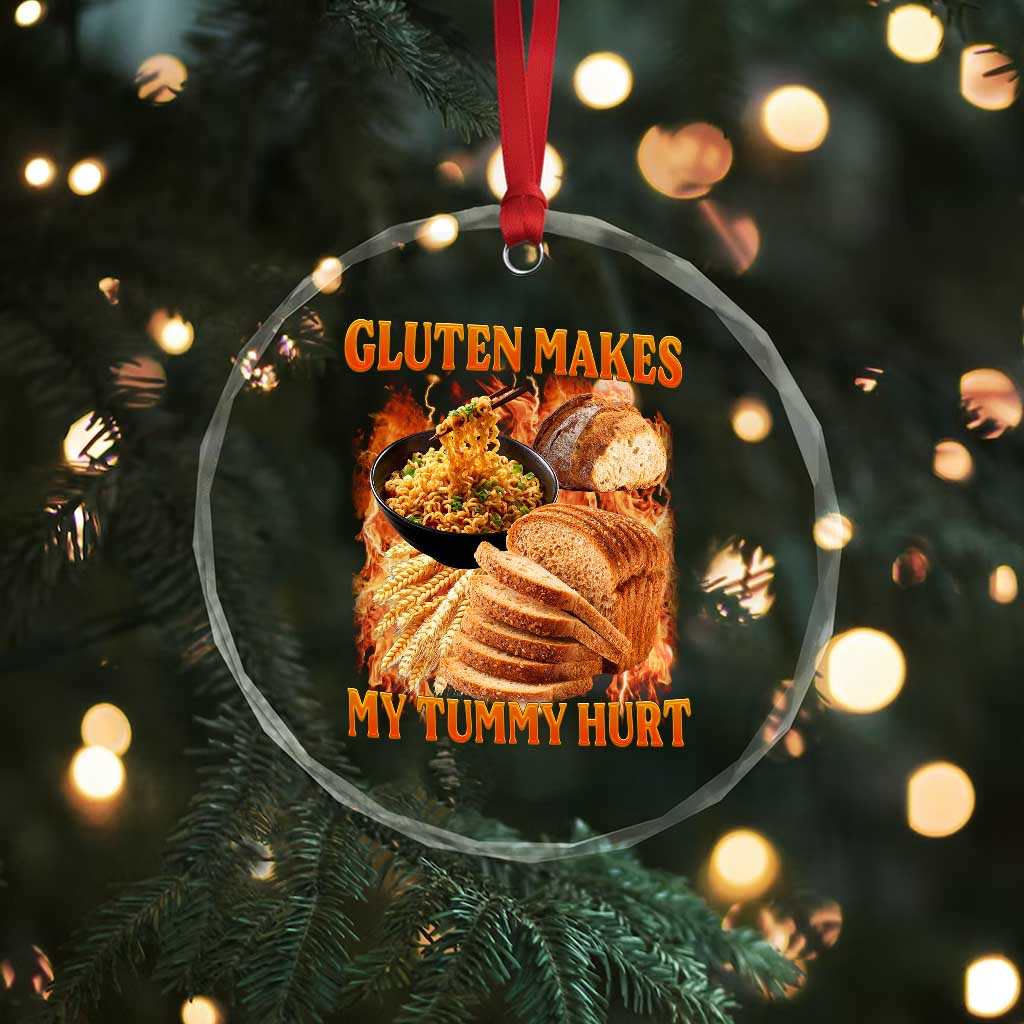 Funny Gluten Free Crystal Glass Ornament Gluten Makes My Tummy Hurt Vintage Bootleg Graphic