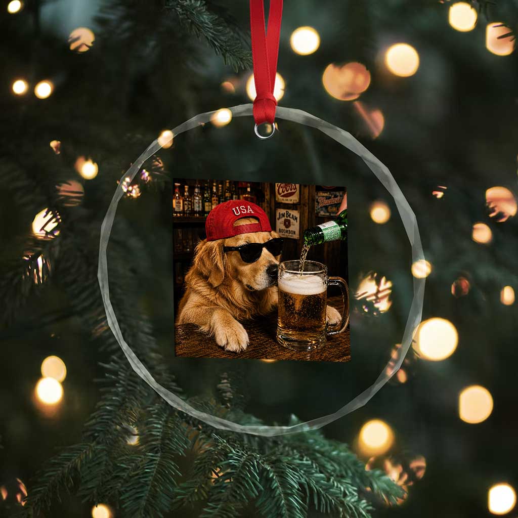 Funny Golden Retriever Drinking Beer Crystal Glass Ornament Silly Dog Meme Graphic Sarcastic Gift