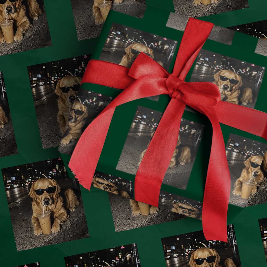 Funny Golden Retriever Iced Coffee Wrapping Paper Roll Grunge Silly Meme Graphic Funny Dog Lover