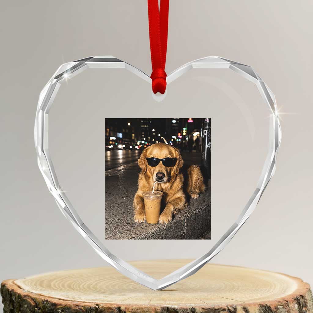 Funny Golden Retriever Iced Coffee Heart Crystal Glass Ornament Grunge Silly Meme Graphic Funny Dog Lover