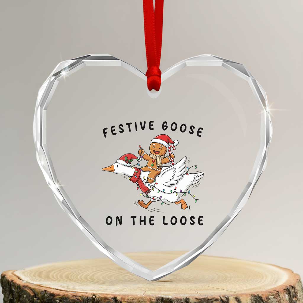Funny Goose Christmas Heart Crystal Glass Ornament Festive Goose On The Loose Xmas - Wonder Print Shop