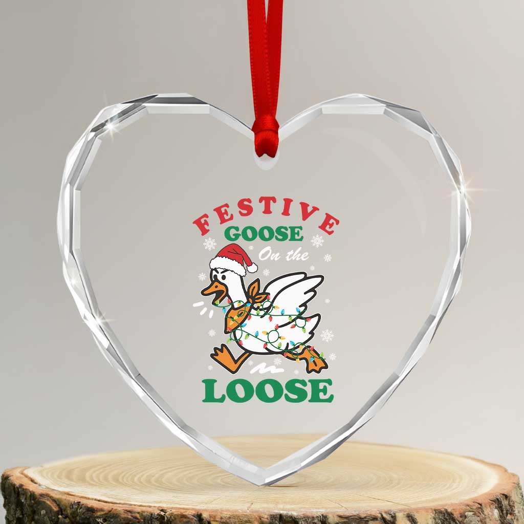 Funny Goose Christmas Heart Crystal Glass Ornament Festive Goose On The Loose Xmas Holiday - Wonder Print Shop