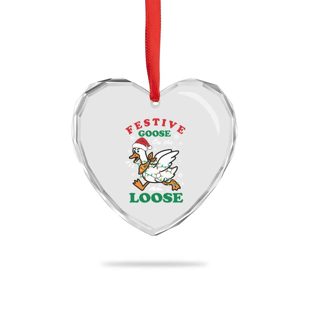 Funny Goose Christmas Heart Crystal Glass Ornament Festive Goose On The Loose Xmas Holiday - Wonder Print Shop