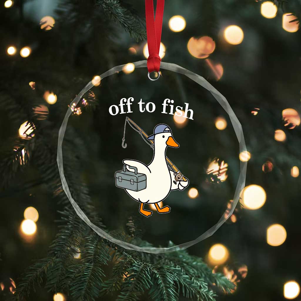 Funny Goose Fishing Crystal Glass Ornament Off to Fish Cute Waterfowl Angler Gift for Fishing Lovers