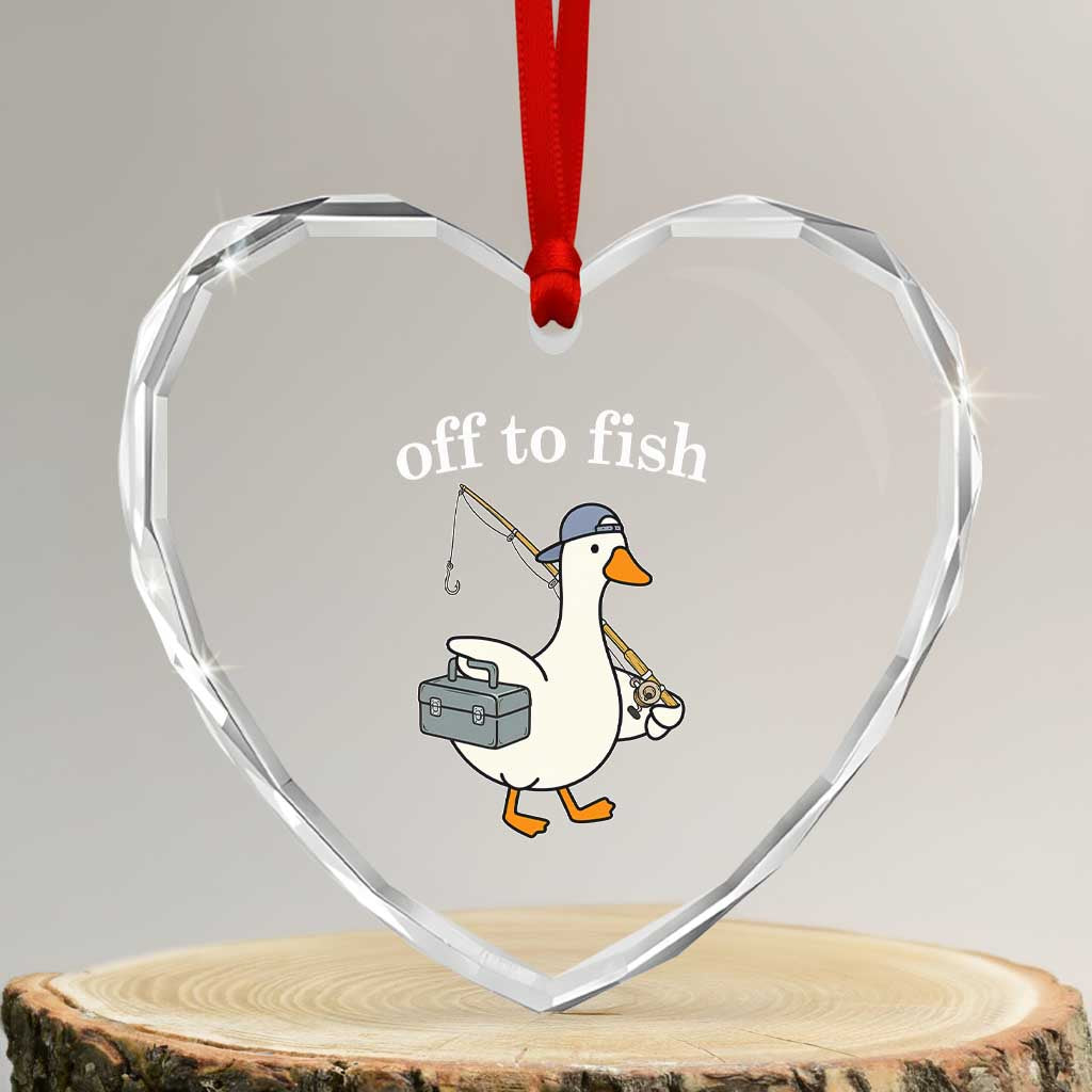 Funny Goose Fishing Heart Crystal Glass Ornament Off to Fish Cute Waterfowl Angler Gift for Fishing Lovers