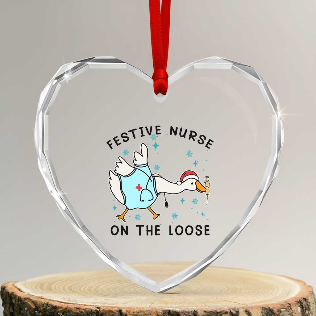 Funny Goose Nurse Christmas Heart Crystal Glass Ornament Festive Nurses On The Loose - Wonder Print Shop