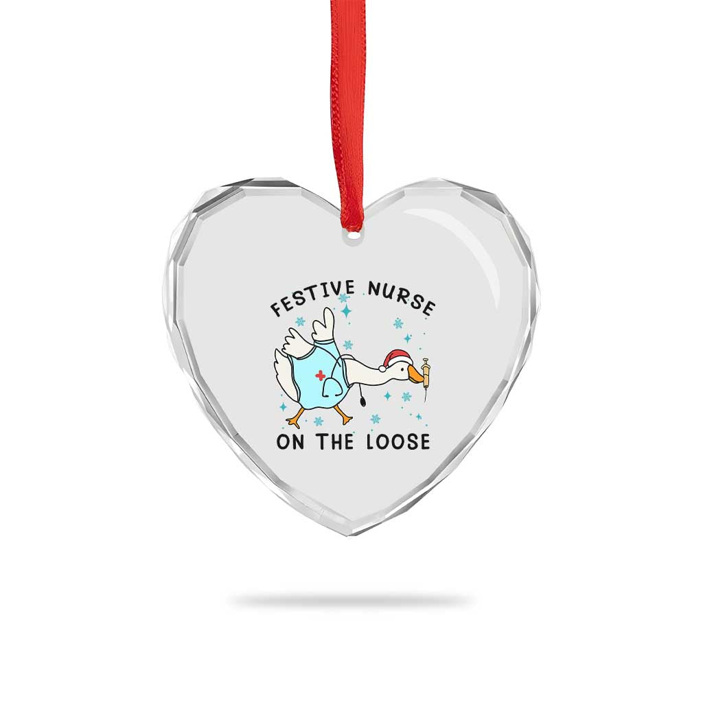 Funny Goose Nurse Christmas Heart Crystal Glass Ornament Festive Nurses On The Loose - Wonder Print Shop