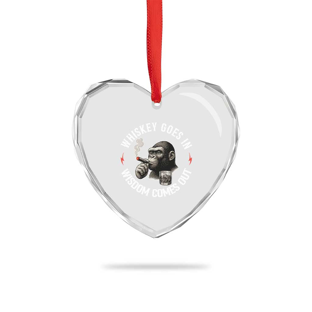 Funny Gorilla Whiskey Goes In Wisdom Comes Out Heart Crystal Glass Ornament Cigarette and Drinking Addict Humor