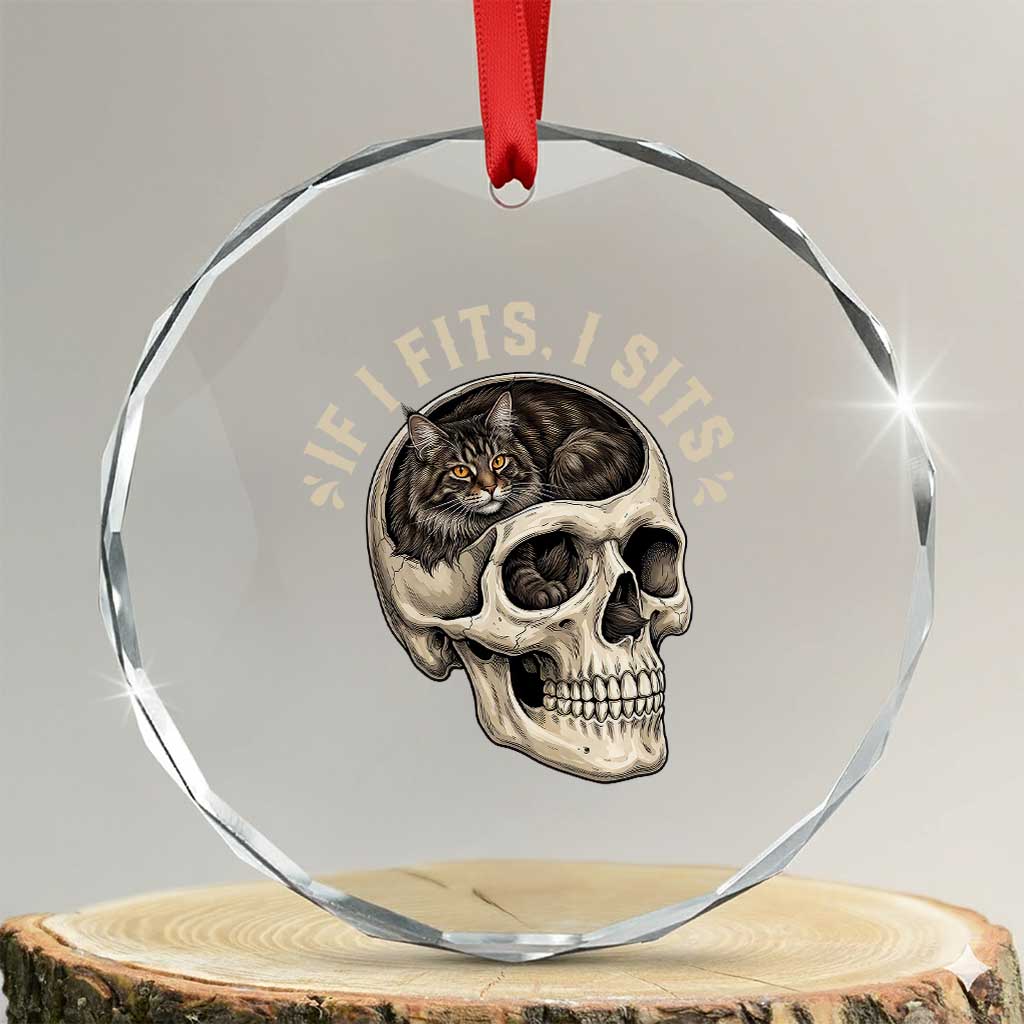 Funny Gothic Black Cat Skull Crystal Glass Ornament If I Fits I Sits