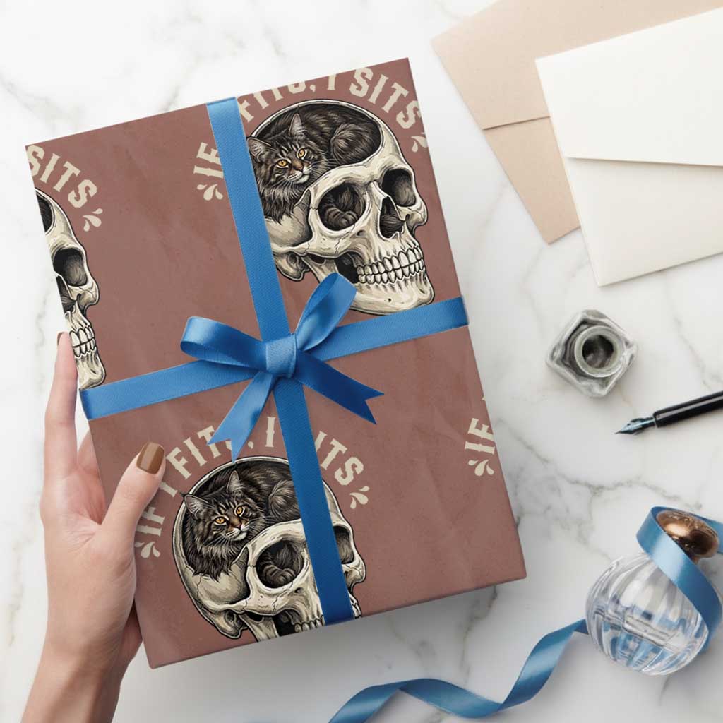 Funny Gothic Black Cat Skull Wrapping Paper Roll If I Fits I Sits