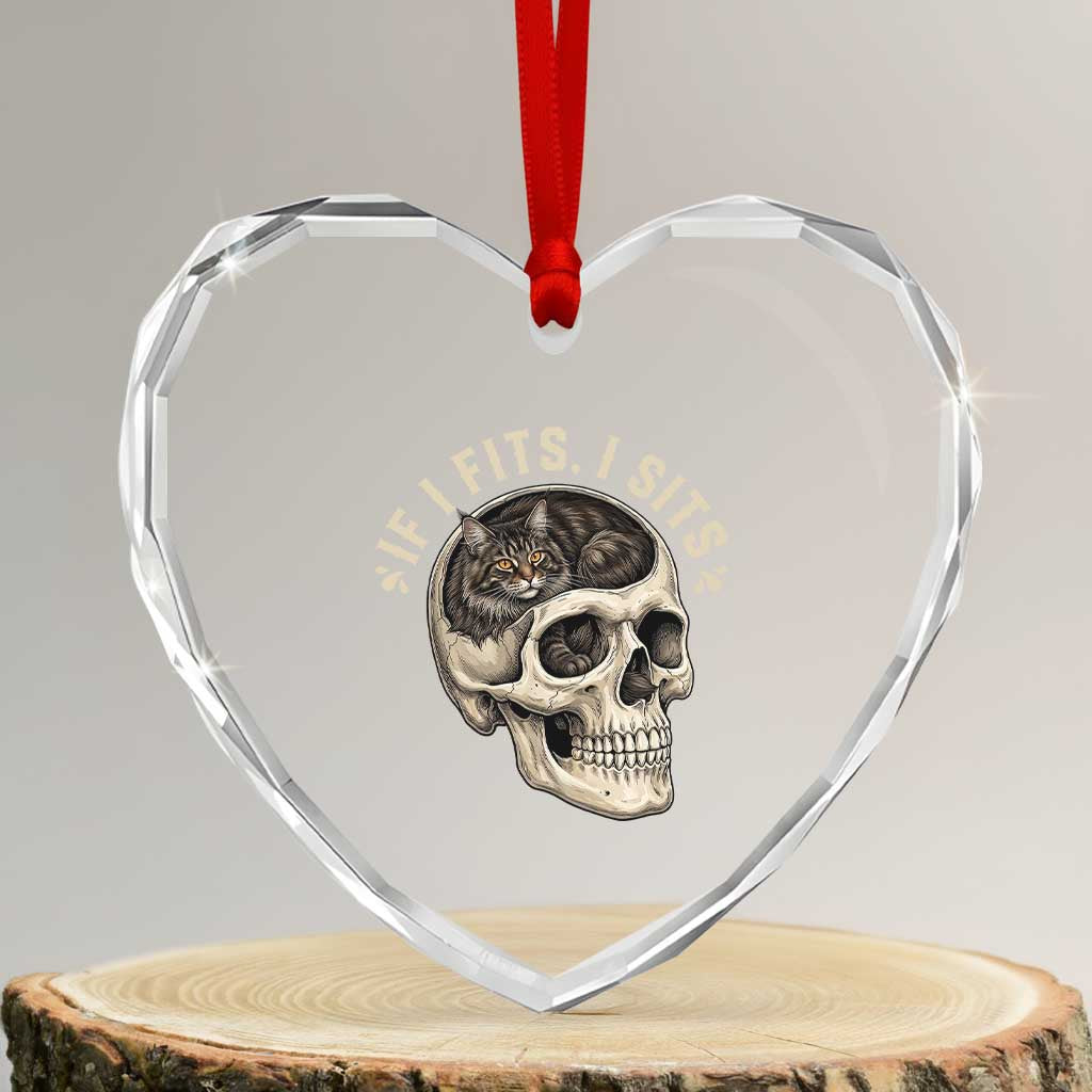 Funny Gothic Black Cat Skull Heart Crystal Glass Ornament If I Fits I Sits