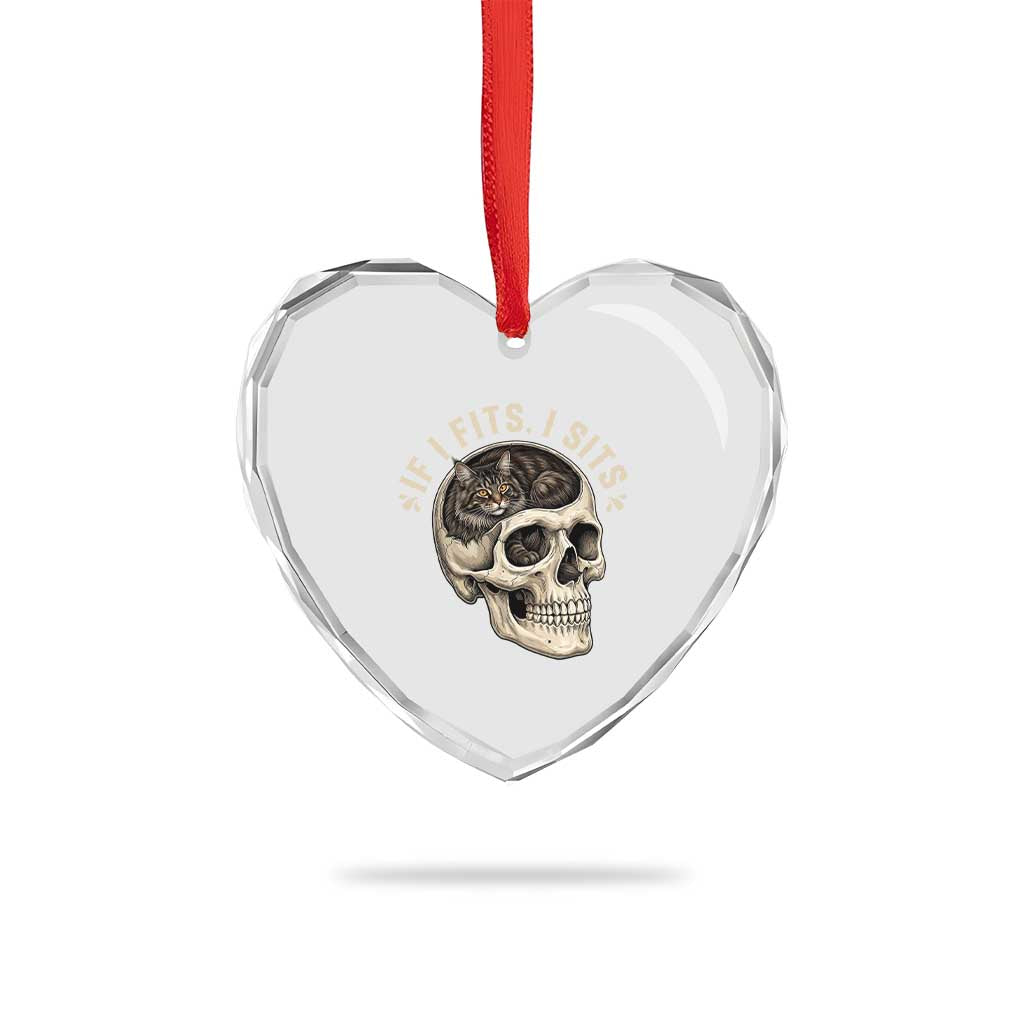 Funny Gothic Black Cat Skull Heart Crystal Glass Ornament If I Fits I Sits