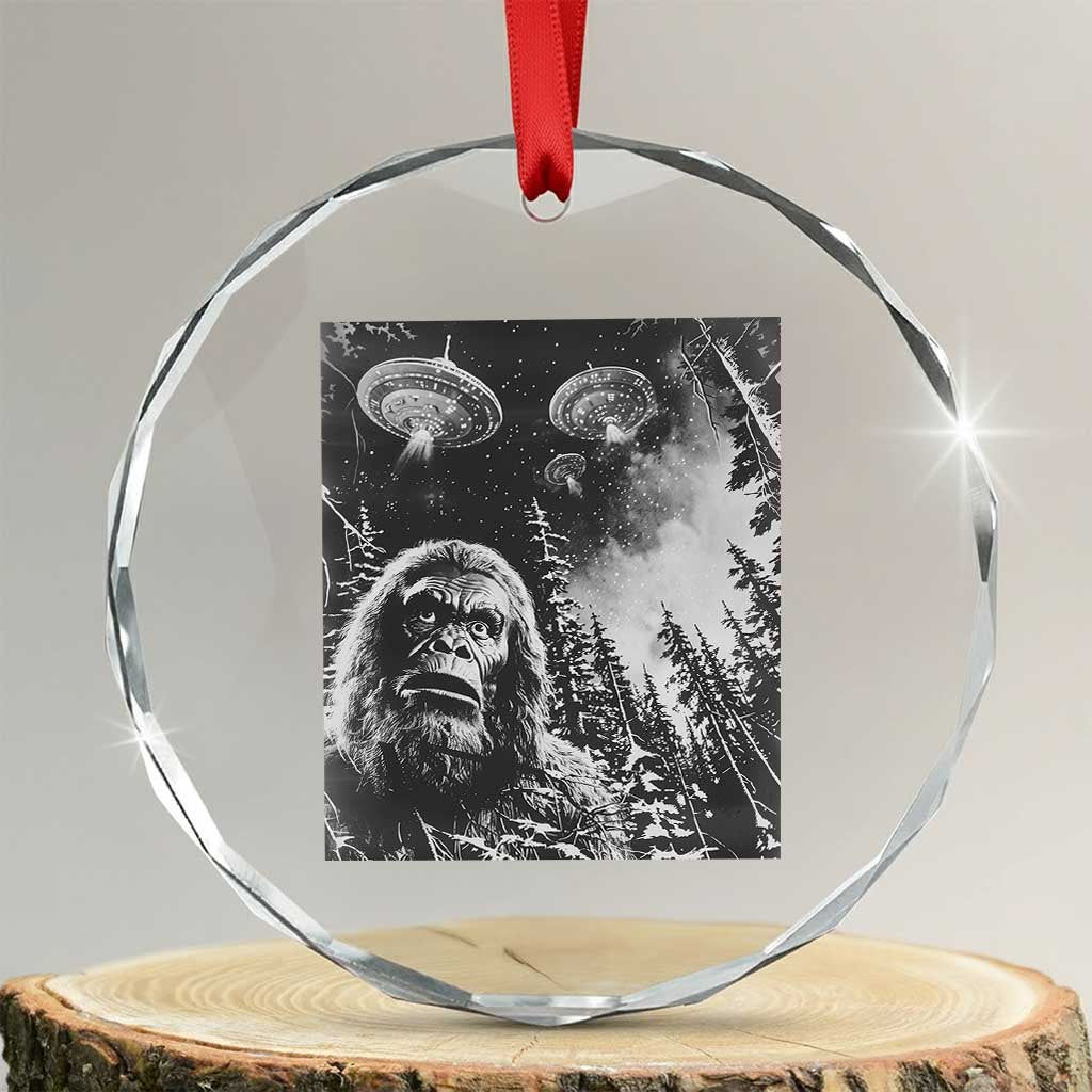 Funny Graphic Bigfoot Selfie with UFOs Weird Crystal Glass Ornament - Wonder Print Shop