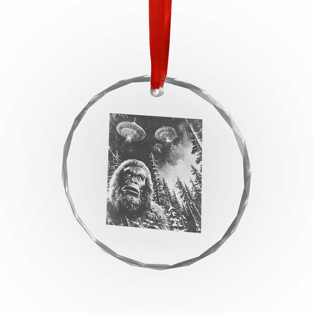 Funny Graphic Bigfoot Selfie with UFOs Weird Crystal Glass Ornament - Wonder Print Shop