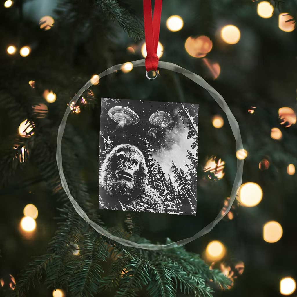 Funny Graphic Bigfoot Selfie with UFOs Weird Crystal Glass Ornament - Wonder Print Shop