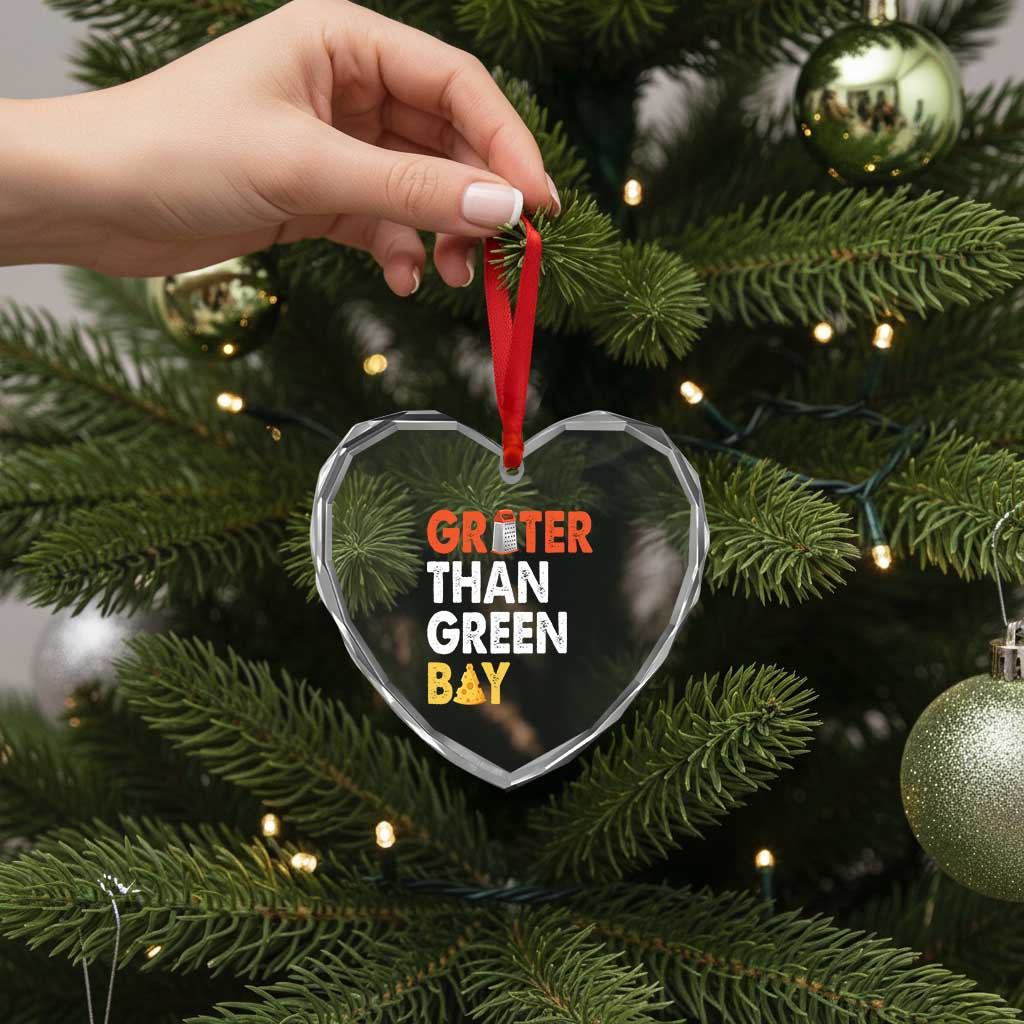 Funny Greater Than Green Bay Cheese Grate Heart Crystal Glass Ornament