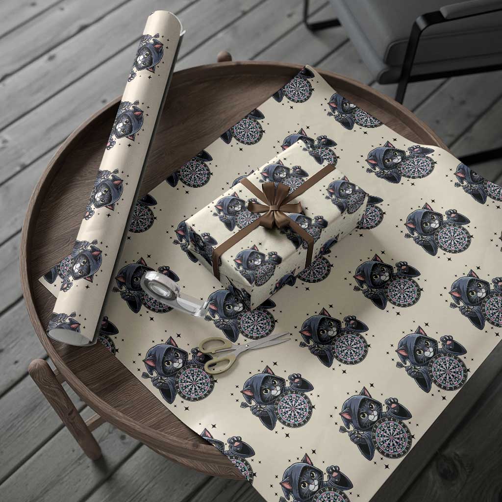 Funny Grim Reaper Cat Dart Player Wrapping Paper Roll Gothic Dartist Gift - Wonder Print Shop
