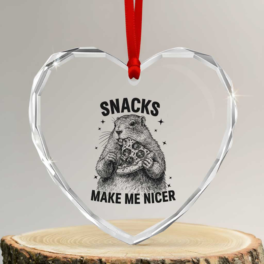 Funny Groundhog Eating Pizza Heart Crystal Glass Ornament Snacks Make Me Nicer