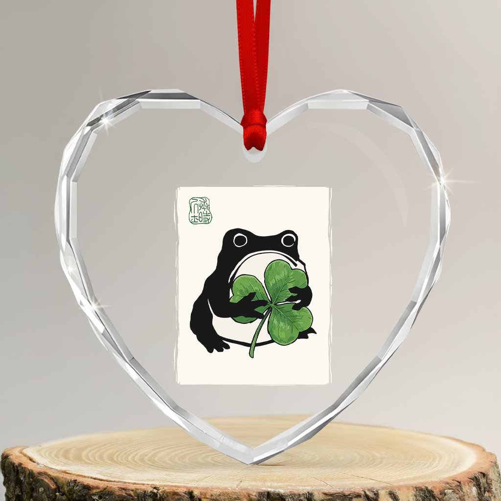 Funny Grumpy Frog Japanese St Patricks Day Heart Crystal Glass Ornament