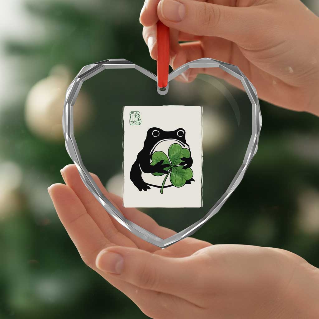 Funny Grumpy Frog Japanese St Patricks Day Heart Crystal Glass Ornament