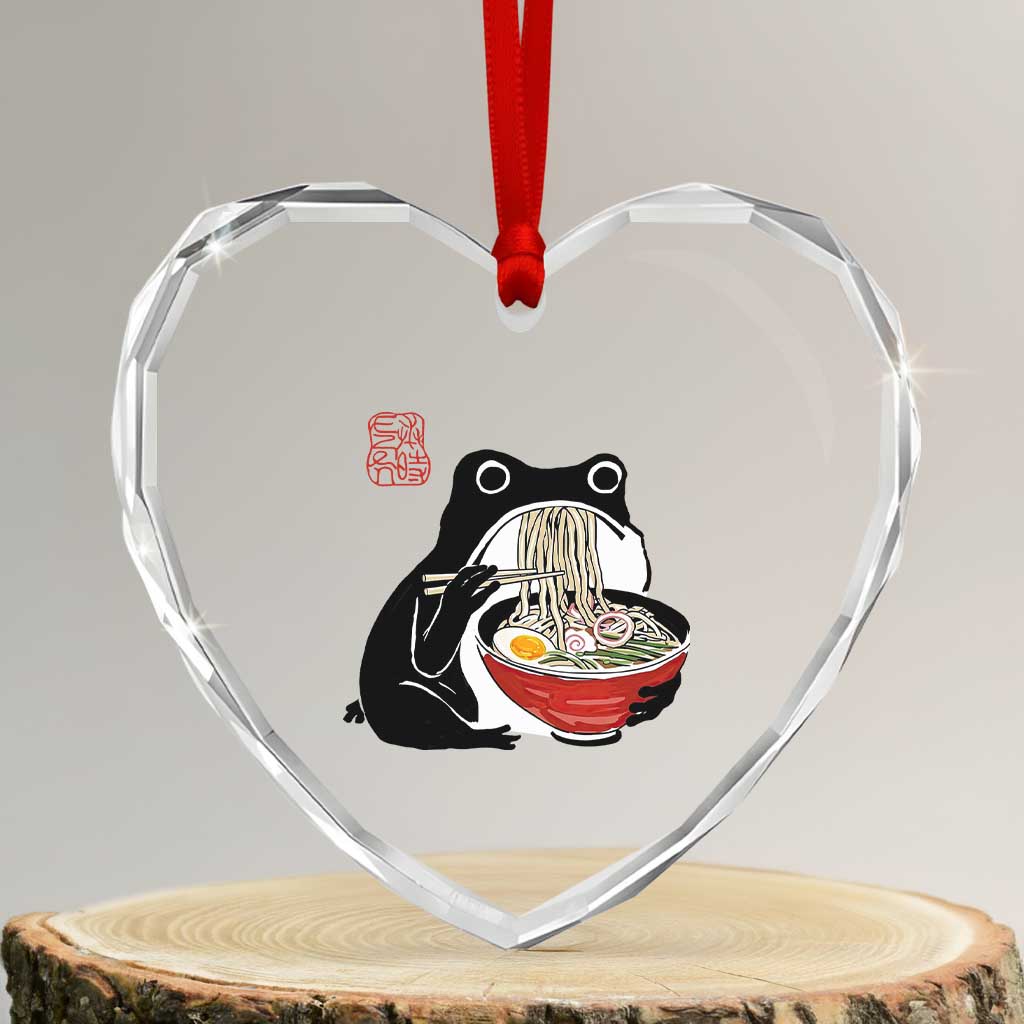Funny Grumpy Frog Ramen Heart Crystal Glass Ornament Sumi-e Kawaii Ink Painting Japanese - Wonder Print Shop