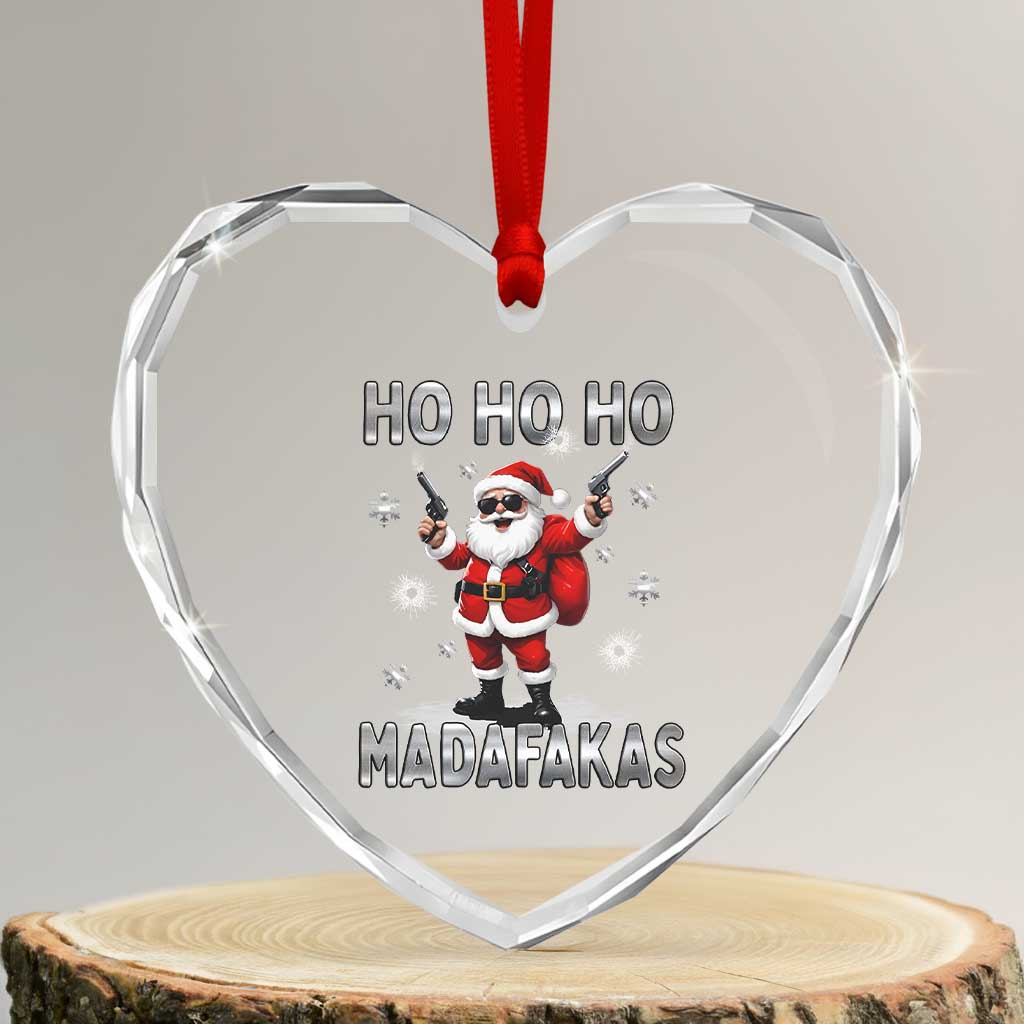 Funny Gun Xmas Heart Crystal Glass Ornament Ho Ho Ho Santa Pew Pew Madafakas - Wonder Print Shop