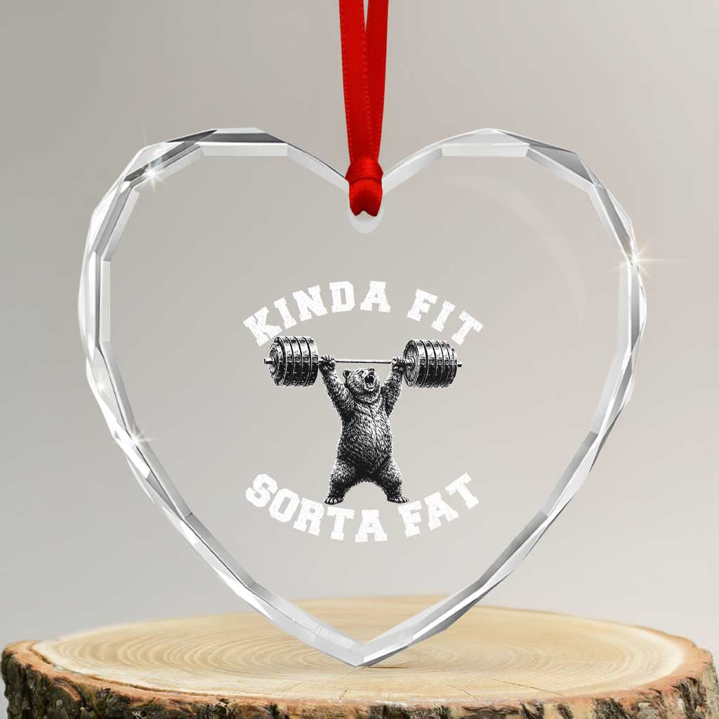 Funny Gym Heart Crystal Glass Ornament Kinda Fit Sorta Fat Bear Weightlifting Workout