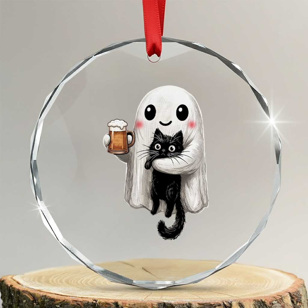Funny Halloween Crystal Glass Ornament Cute Ghost Holding Black Cat Drinking Beer