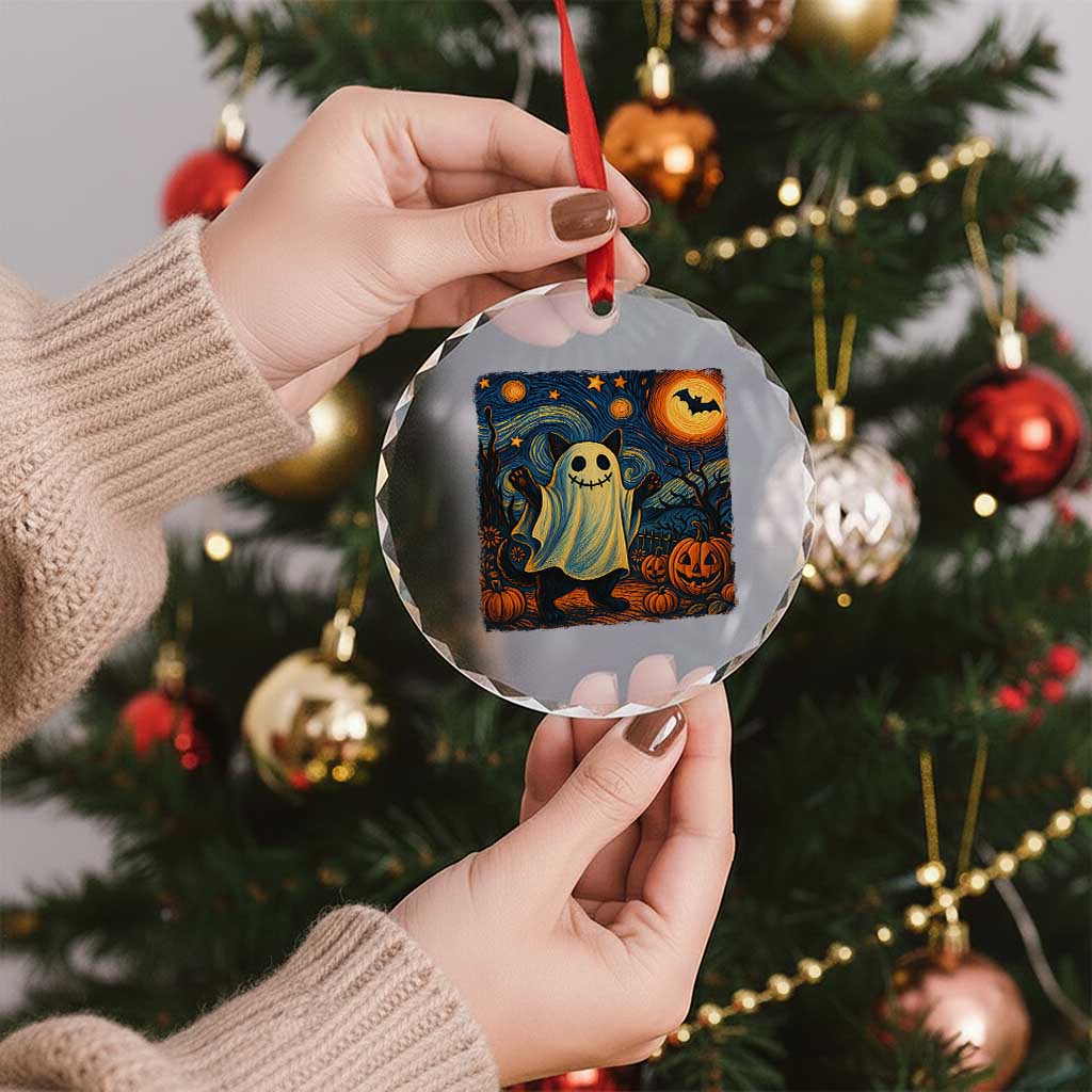 Funny Halloween Ghost Cat Crystal Glass Ornament Starry Night Van Gogh Cat Lover Gifts TS10