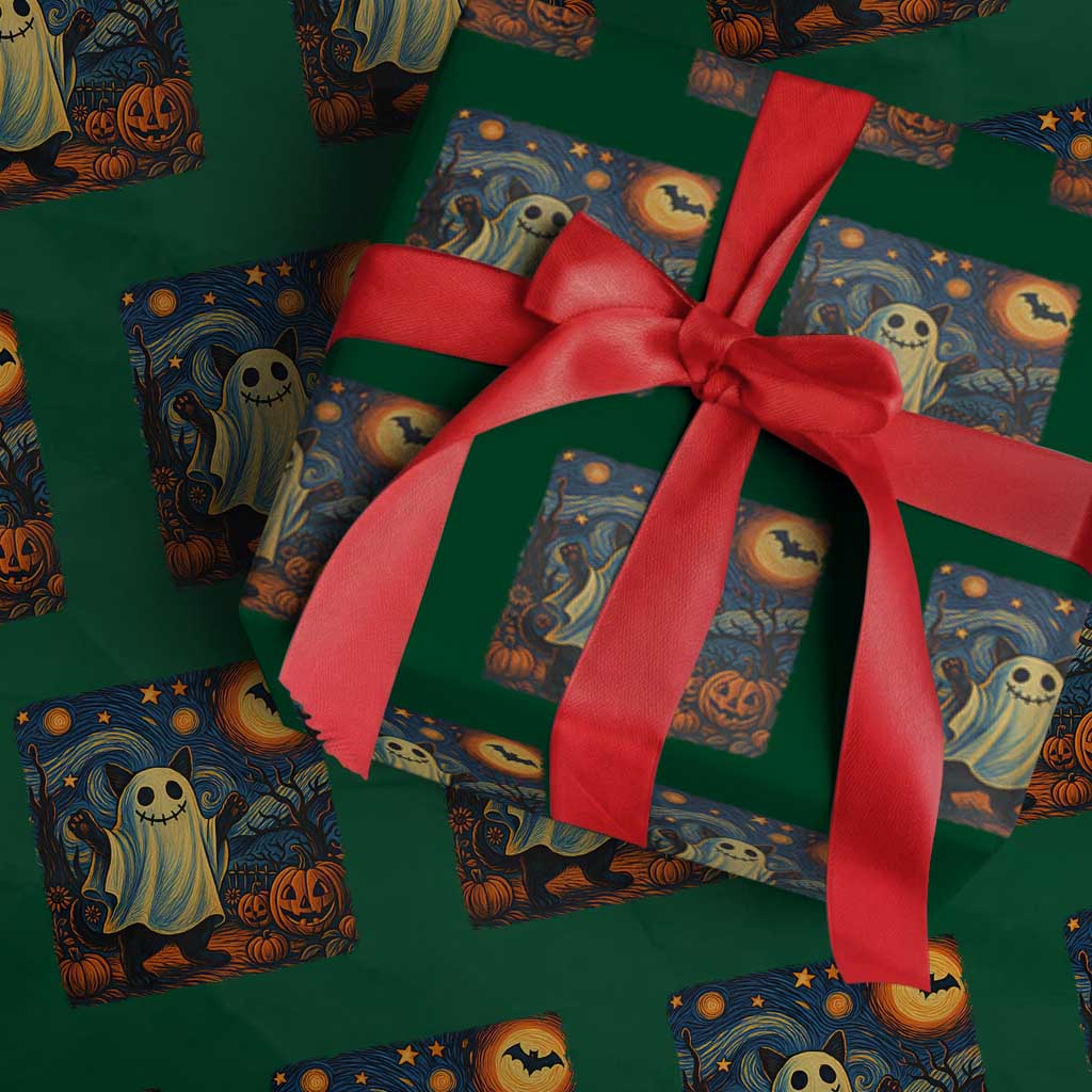 Funny Halloween Ghost Cat Wrapping Paper Roll Starry Night Van Gogh Cat Lover Gifts - Wonder Print Shop