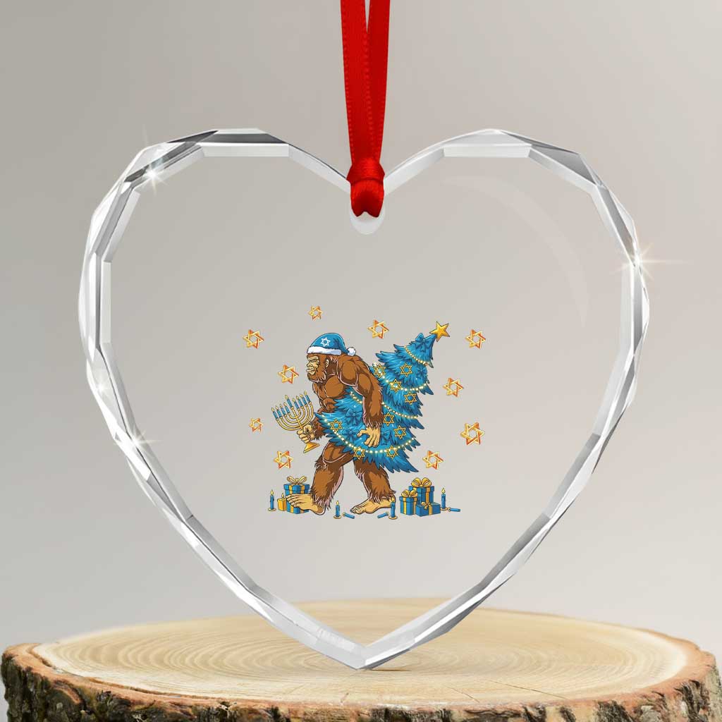 Funny Hanukkah Bigfoot Lover Jewish Holiday Gift Heart Crystal Glass Ornament - Wonder Print Shop