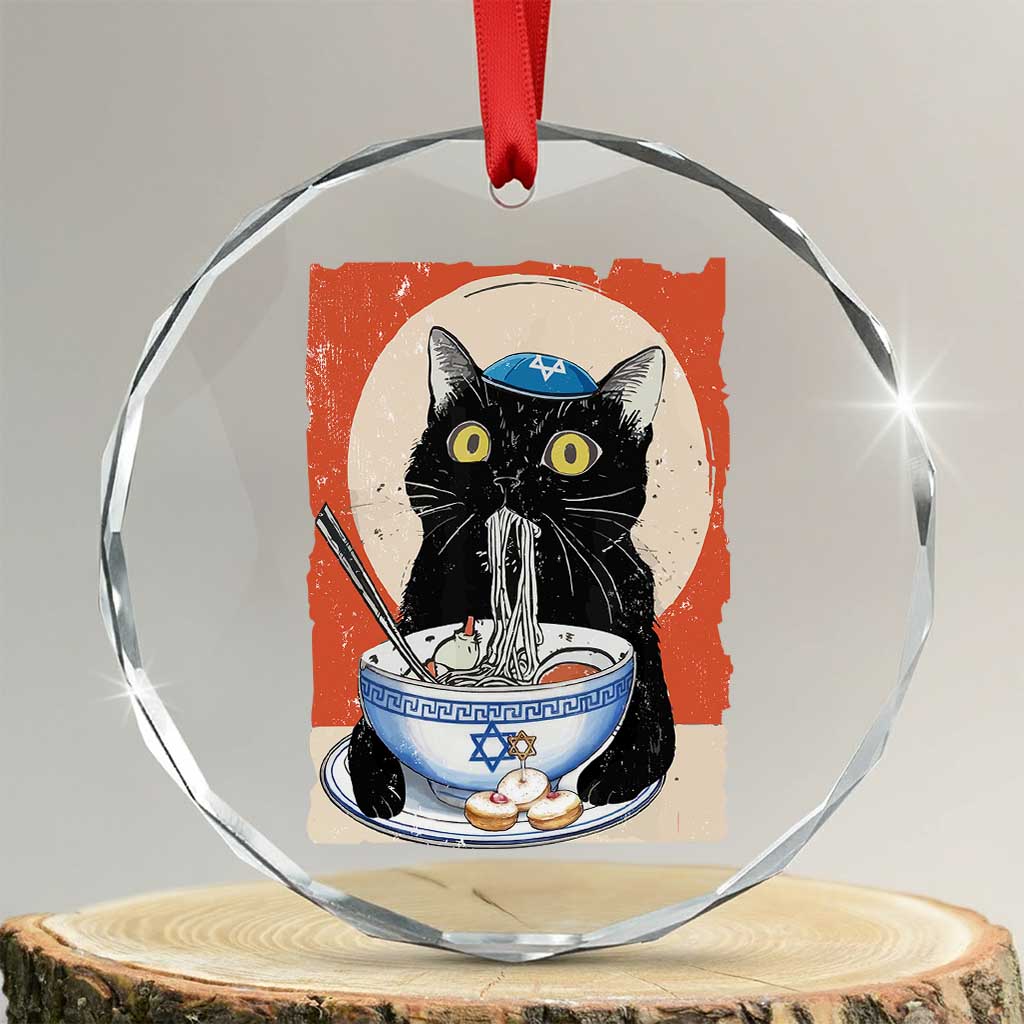 Funny Hanukkah Black Cat Eating Noodle Crystal Glass Ornament TS11