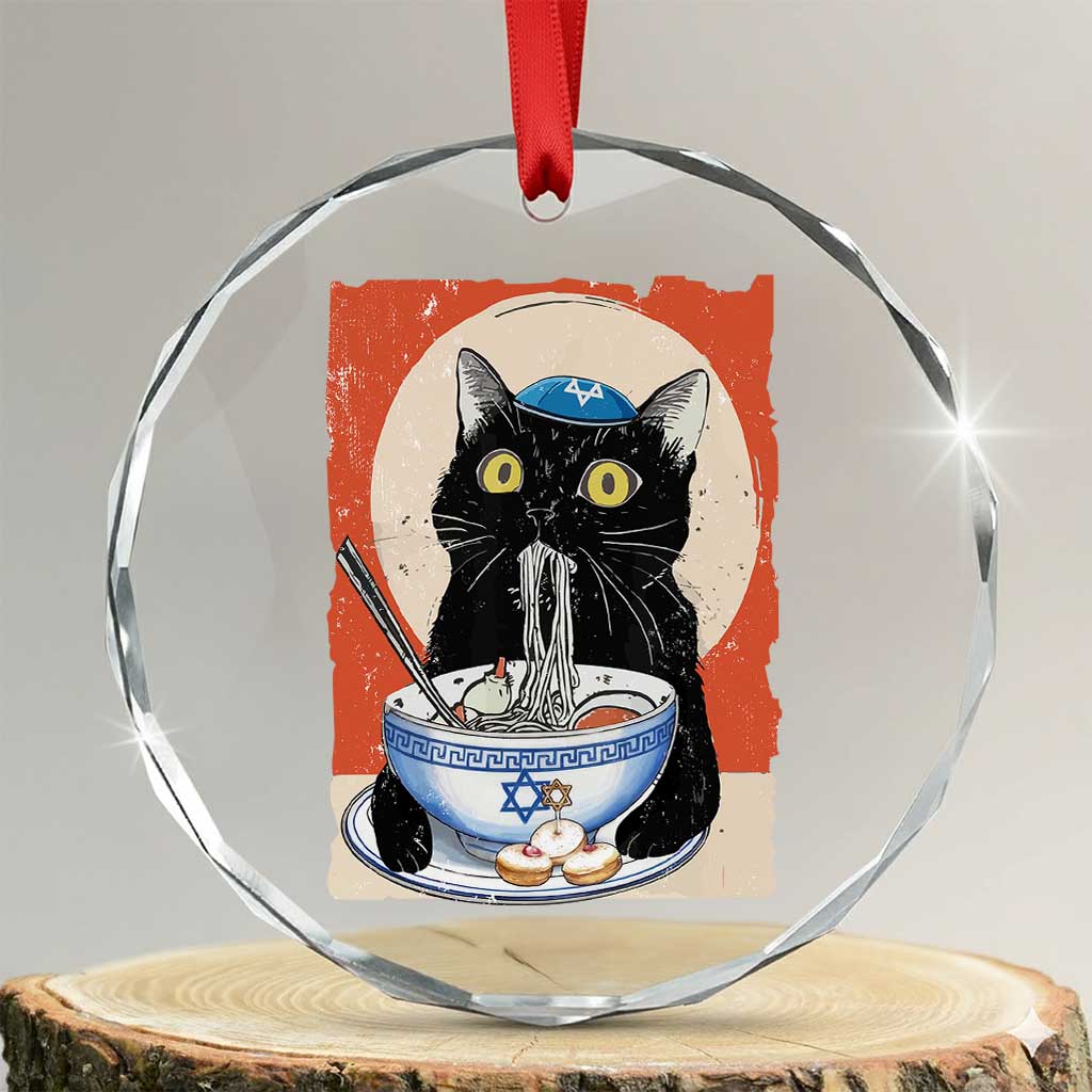 Funny Hanukkah Black Cat Eating Noodle Crystal Glass Ornament - Wonder Print Shop